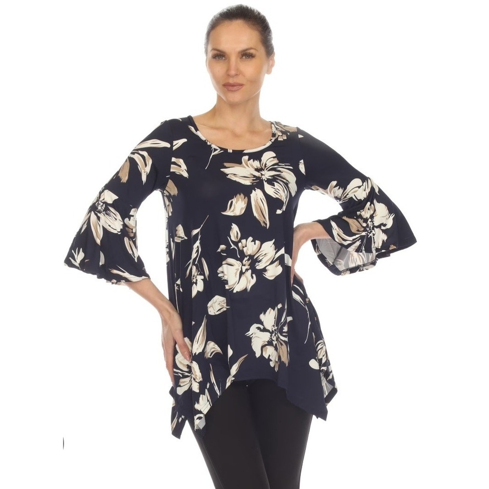 White Mark Tunic‎ Top Women 1XL Black Floral Good Bell Sleeve Sharkbite Hem